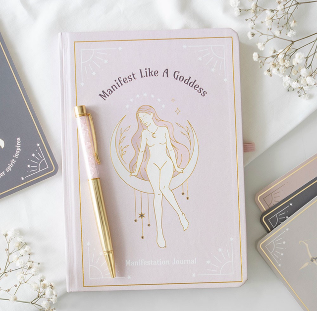 Manifest like a goddess note book with rose quartz chips pen