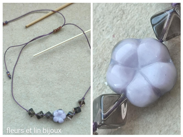 fleurs en verre violine et perle cube en verre fumé, monté sur fil de jade, très résistant et réglable 