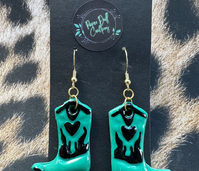 Teal and Black Polymer Clay Cowboy Boot Earrings