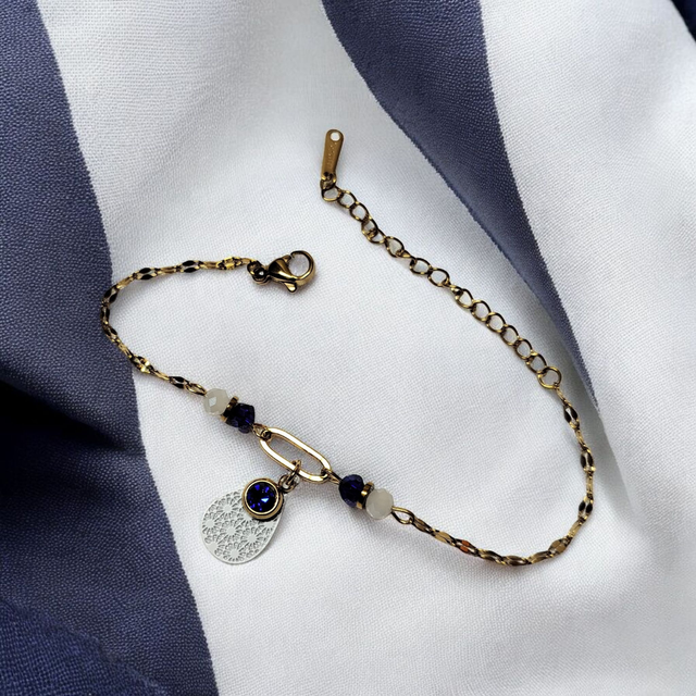 Bracelet acier inoxydable et strass bleu foncé et doré
