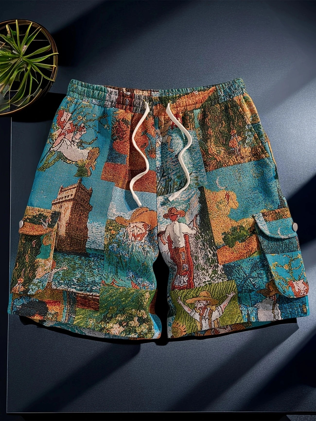 Men &amp; Women Water OBM Oil Painting Art Embroidered Cargo Shorts