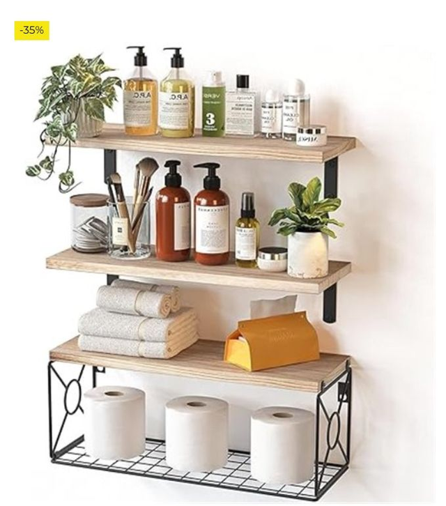 Pipishell Estantes flotantes con Cesta de Alambre de estroraje, estantes de baño de Madera de Paulownia