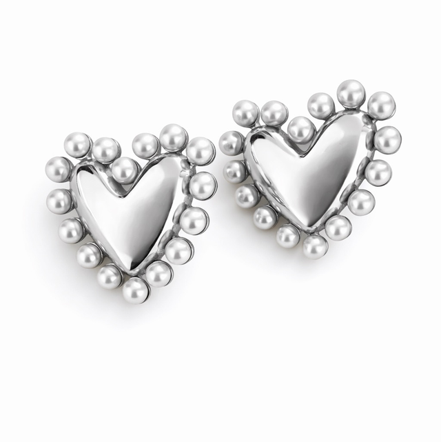 Pendientes acero plateado corazón y perlas 