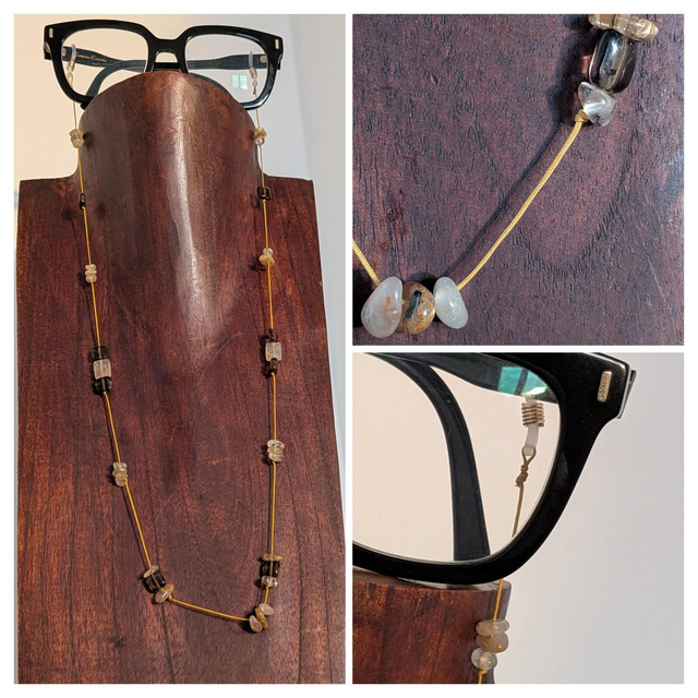 Attache lunettes en pierres naturelles : citrine et verre fumé brun en pièce unique 