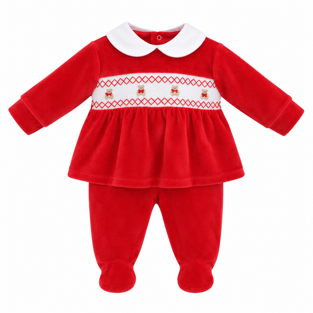 Smocked teddy velour outfit - tiny baby