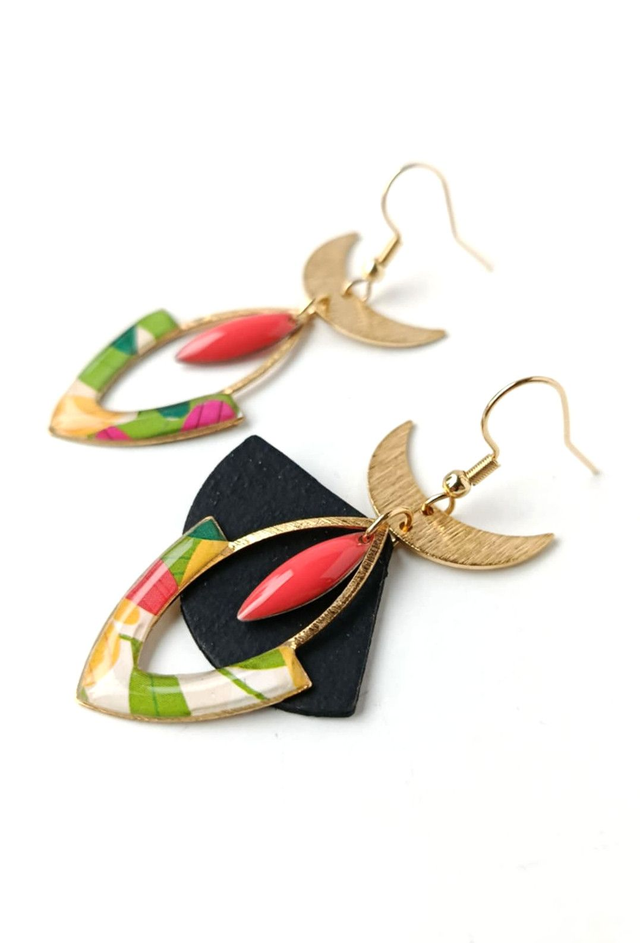 Boucles d'oreilles Asymétriques Upcyclées en Chambre à Air et Papier Recyclés - Lunaires