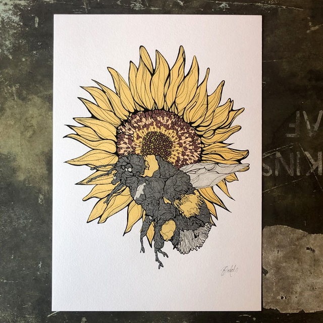 Hand-coloured print - bee and sunflower - yellow