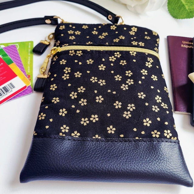 Mini-sac pour téléphone "Sakura" noir doré & simili cuir noir