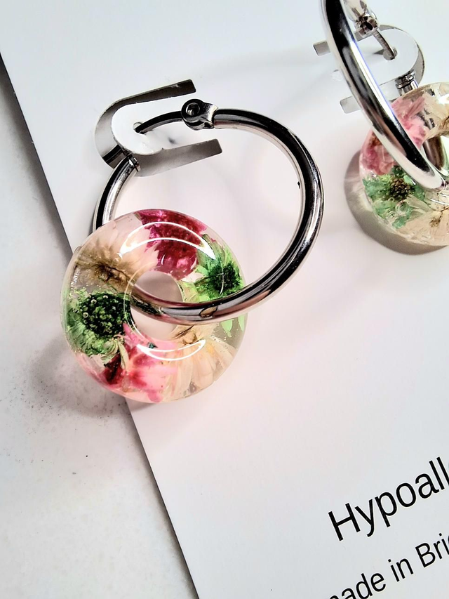Pink, white and green real flower donut hoop earrings