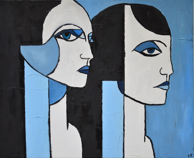 Dualité Bleue, Huile sur Toile, 61 cm * 50 cm
