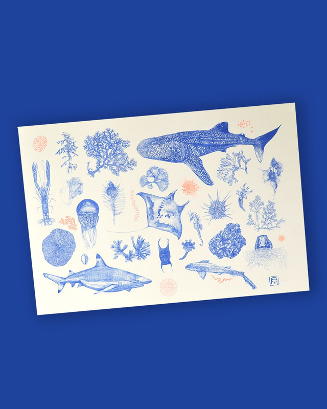 Affiche imprimée en risographie Neon ocean