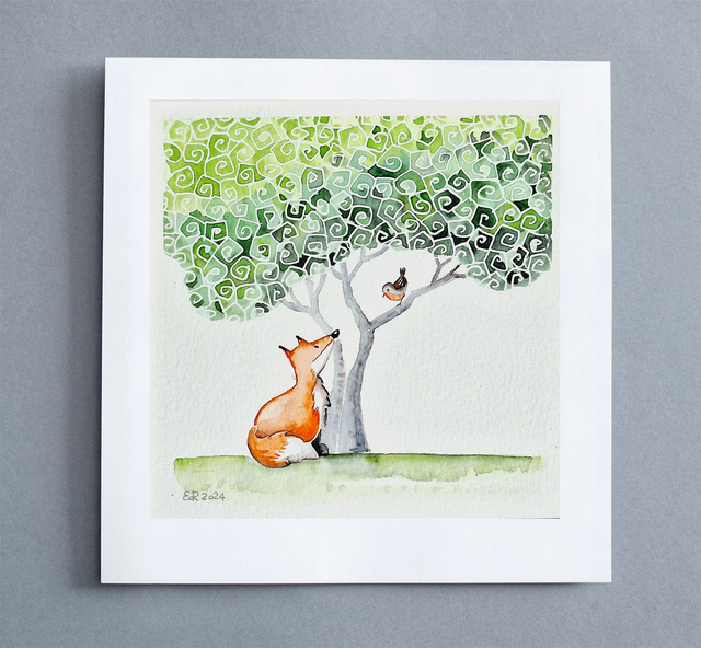 Acquerello "Volpe e Pettirosso" - 2