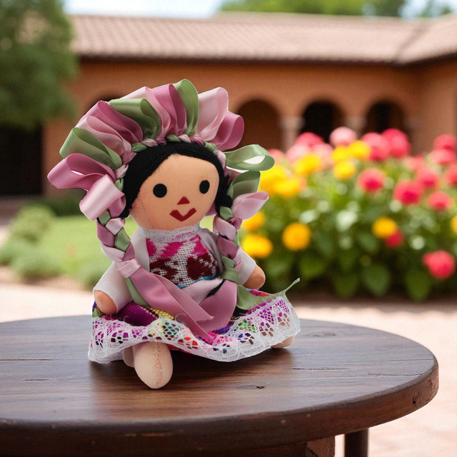 Poupée Lélé artisanale (M) – Coiffe rose pâle, rose et verte