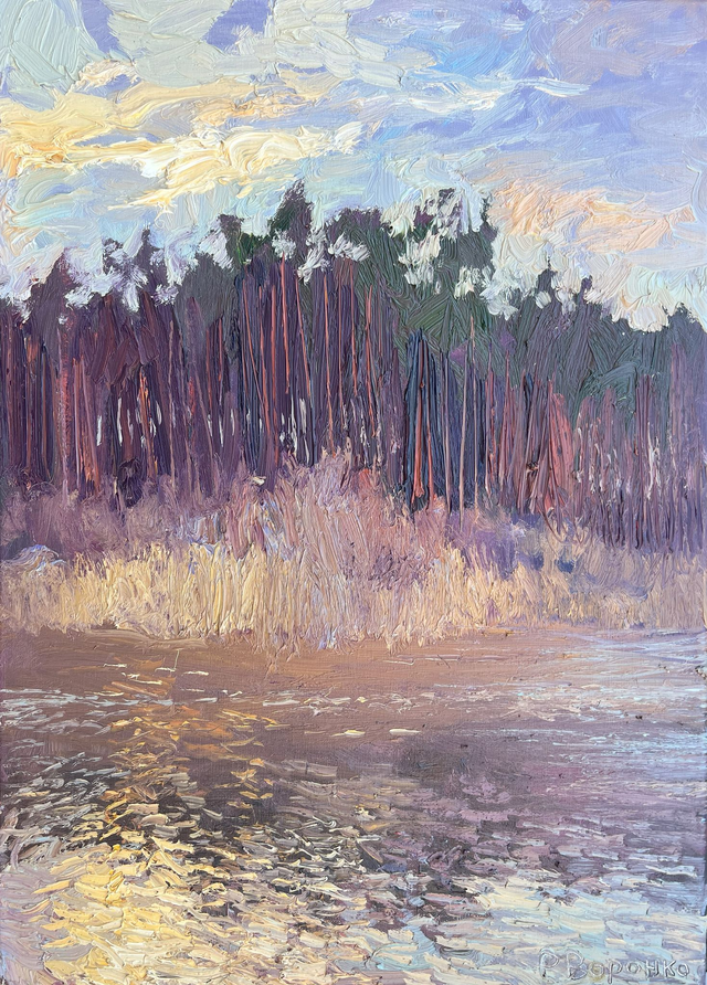 „Vergoldete Momente: Abend am Waldsee“ – Öl auf Leinwand, 70 × 50 cm, 2024 | Gilded Moments: An Evening at the Forest Lake