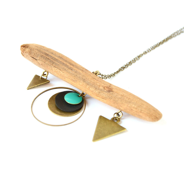 Sautoir Bois Flotté et CHAMBRE à AIR RECYCLÉE- Géométrique - Pièce Artisanale et Unique