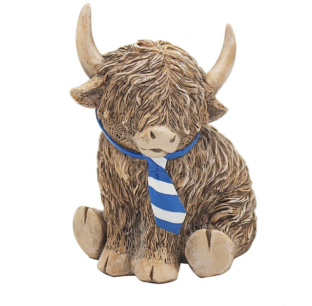 Highland cow with blue & white tie