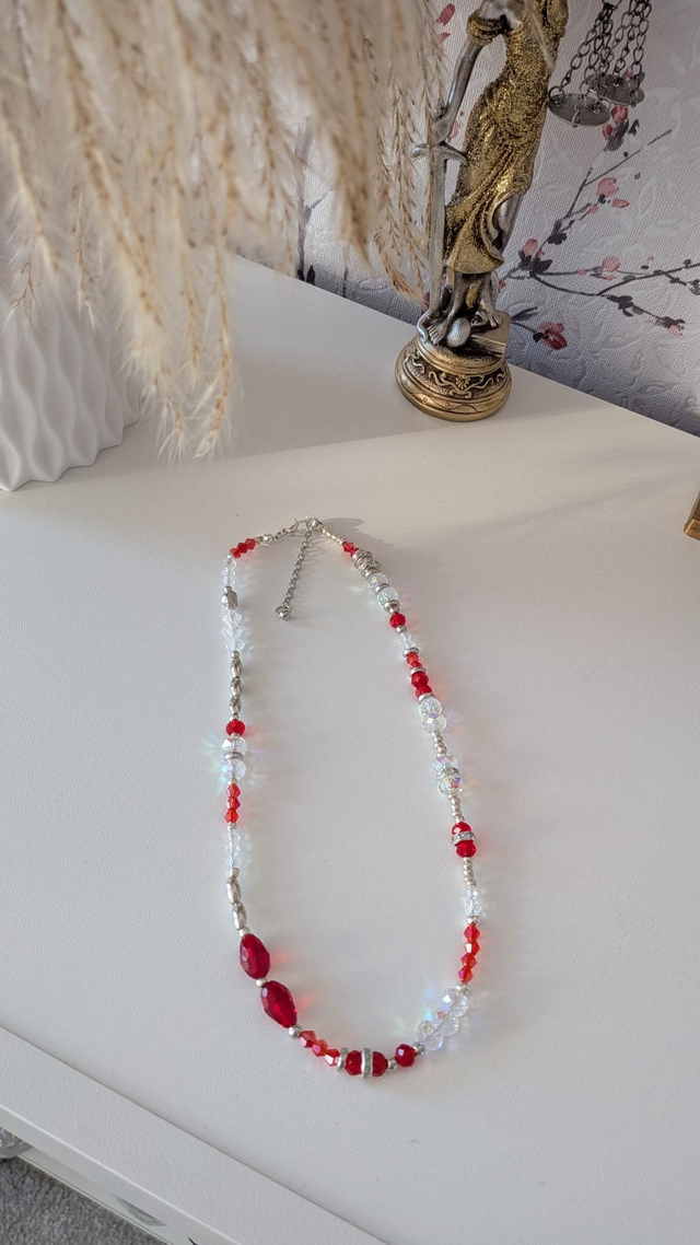 Handmade red and white crystal beaded necklace