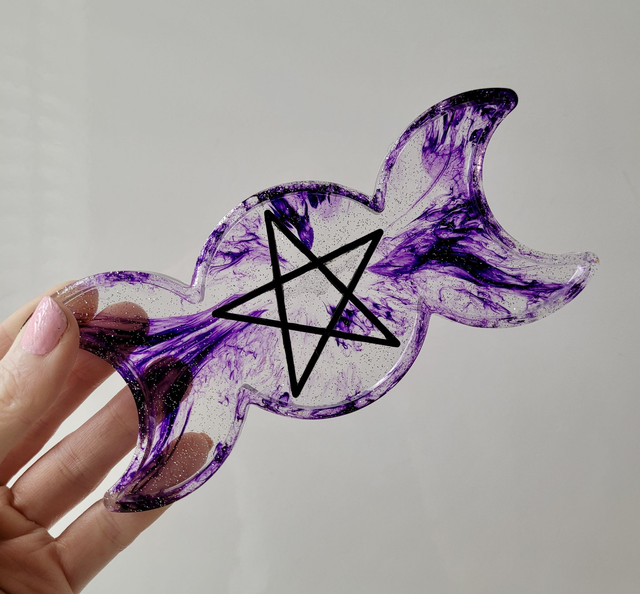 Trinket Tray - Triple Moon Phase Pentacle - Purple Swirl Glitter