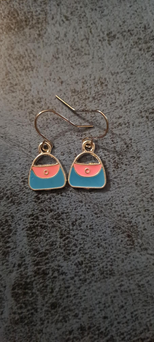 New Small Silver Enamel Blue Pink Handbag Bag Earrings Hooks