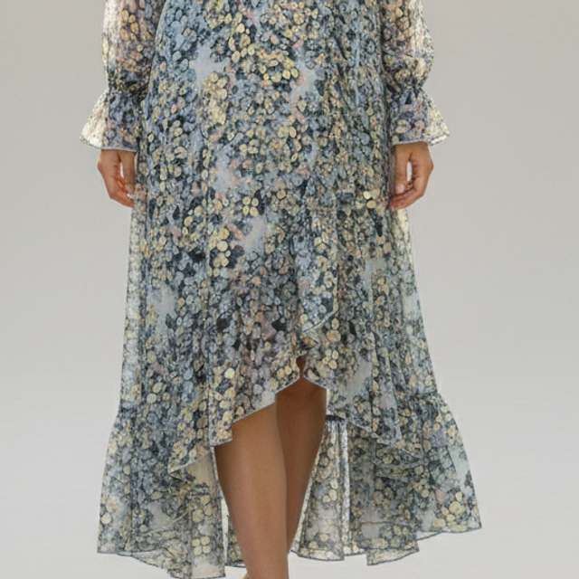 Robe Longue Fleurie à Volants - Coupe Portefeuille et Manches Longues – Style Bohème Chic