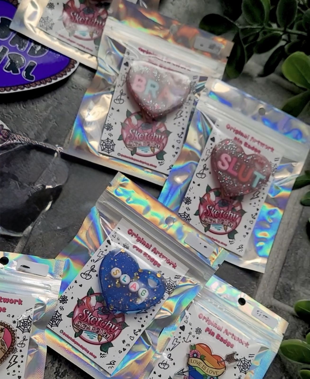 NSFW Handmade Resin Heart Badges - Slut, Slag, Brat Pin Badge