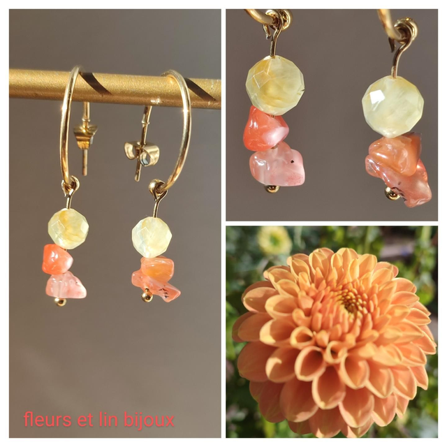 Z-Créoles en pierre naturelle : citrine jaune &amp; cornaline en acier inoxydable doré -sans nickel, pièce unique 