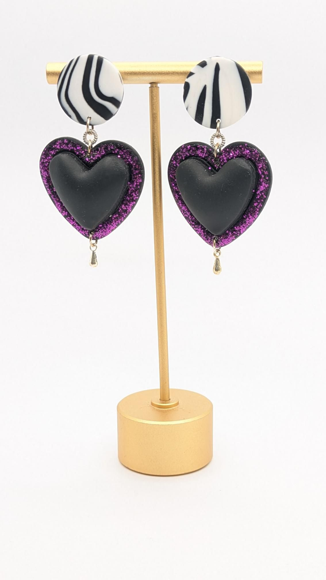 Boucles d'oreilles en pâte - cœurs paillette