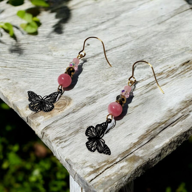 Boucles d&#039;oreilles rose noir acier inoxydable