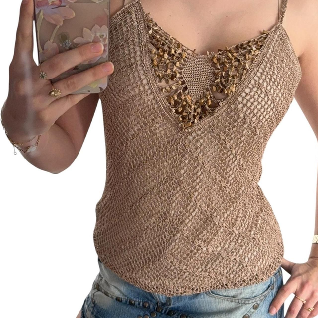 y2k brown crochet and cotton lined cami with beading and stones 