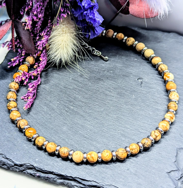 Picture Jasper Gemstone &amp; Stainless Steel Beaded Anklet 