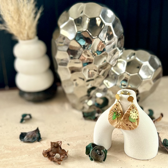 Boucles d'oreilles "Amour Boréal" – Bouleau Madré &amp; Cristal Marin