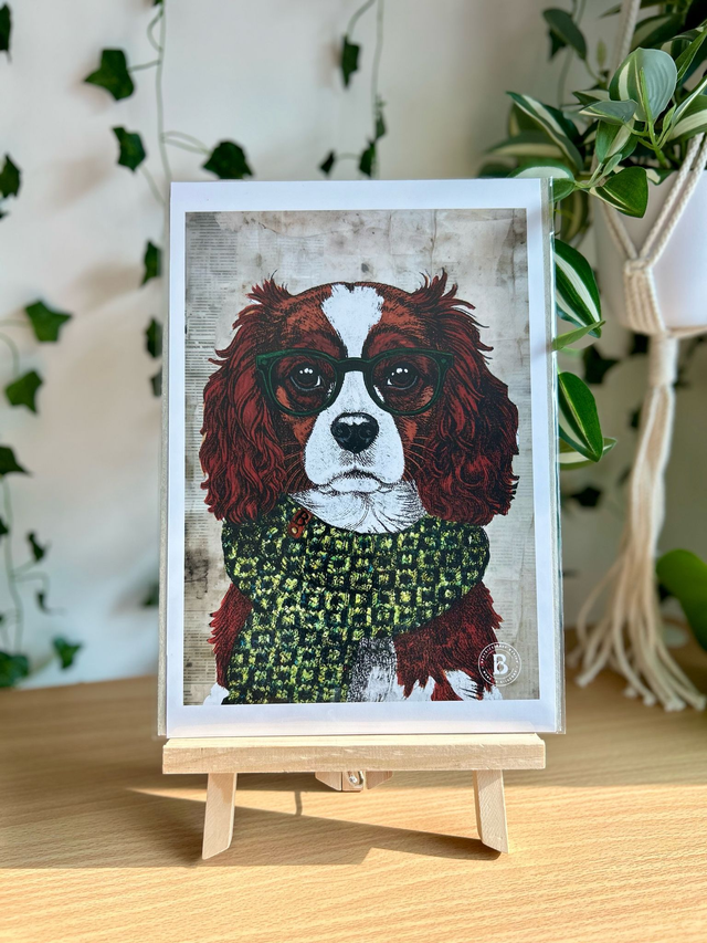 King Charles Cavalier Dog In Glasses Mixed Media Art Print A4