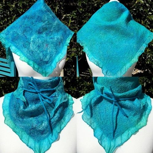 Nuno Felted Hand Dyed Silk Triangle Scarf, Turquoise, Reversible 