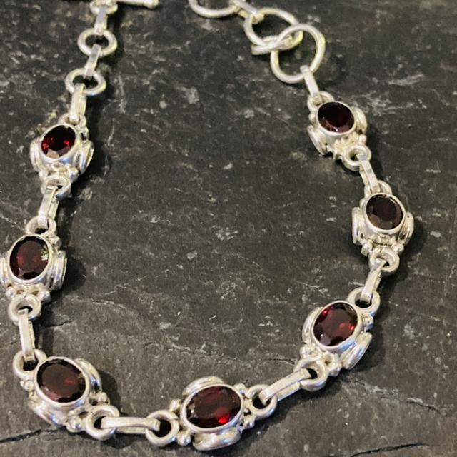 Solid Sterling Silver Quality Garnet Bracelet 6" to 7.5"