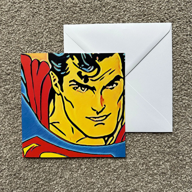 Superman - Single Square Greeting Card, White Envelope, Blank Inside, Recyclable Wrap, Professionally Printed.
