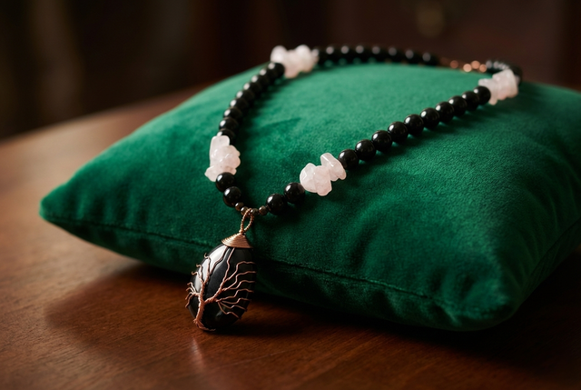 Collier obsidienne en onyx et quartz rose 