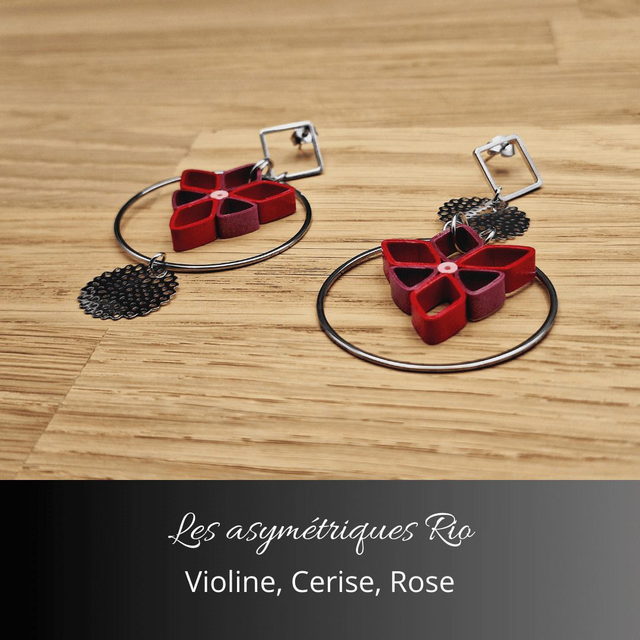 Boucles d&#039;oreilles asymétriques Rio - Violine cerise et rose