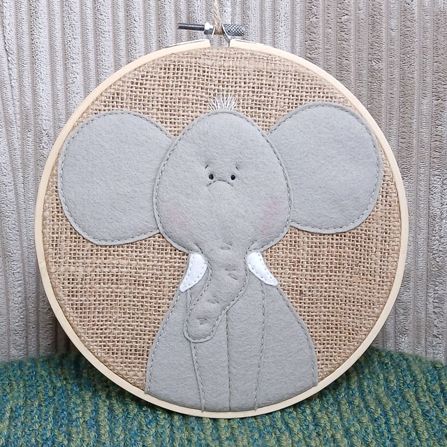 Safari Range, hoop art. Fully hand-sewn wool felt designs on hessian. Elephant design.