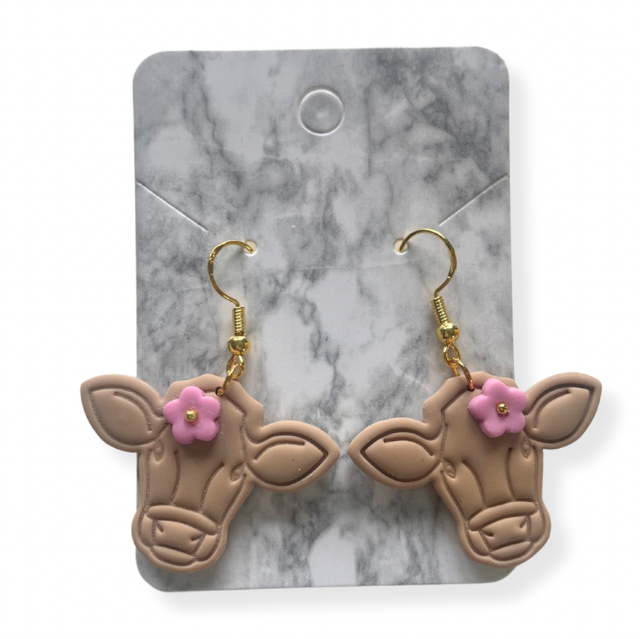 Cow earrings - pink flower