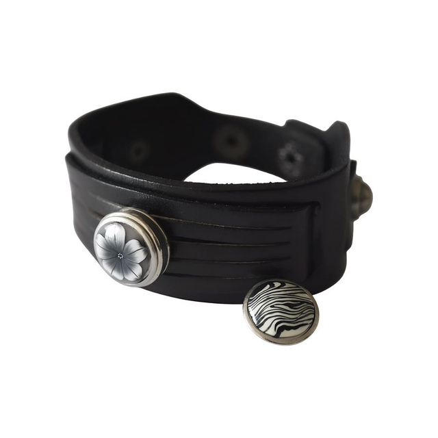 Bracelet large homme cuir noir fleur noire