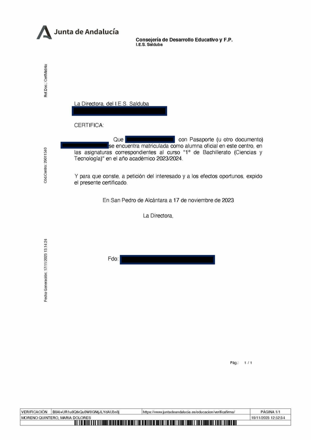 Certificat d'inscription