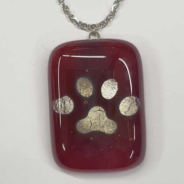 Deep red and silver paw print pendant NEW 