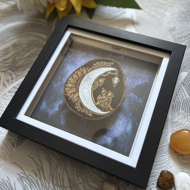 Hand burnt moon, mushrooms & flower silver birch slice in a box frame