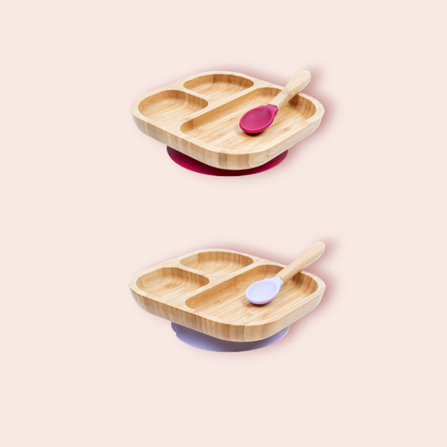 Assiette à ventouse + cuillère en bambou et silicone