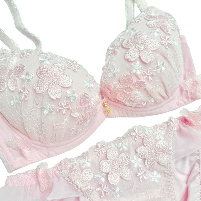 Pink floral appliqué Japanese Bra + Underwear Set UK 32C  