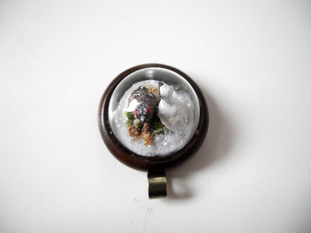 Rock Ptarmigans - OOAK Biosphere Wood Jewelry - Clear glass globe with two delicate Rock Ptarmigans inside– winter/spring inspired jewelry