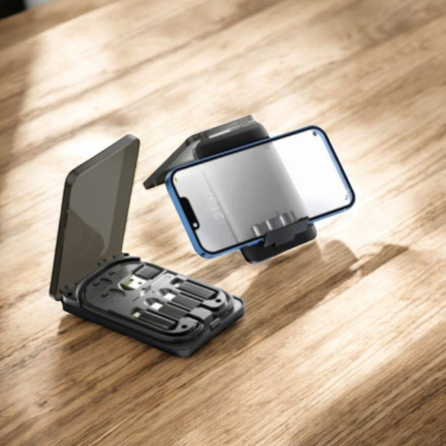 4 in 1 USB Ladekabel-Box mit Smartphonehalterfunktion