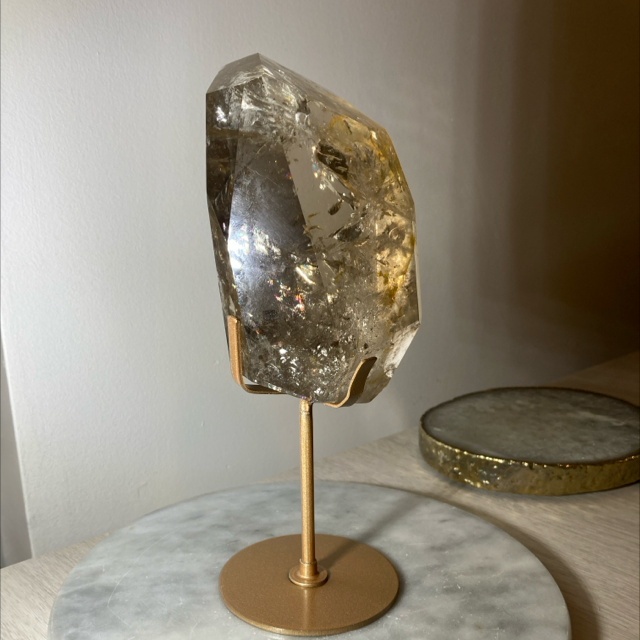 Brazilian Natural Citrine + Golden Healer on gold stand