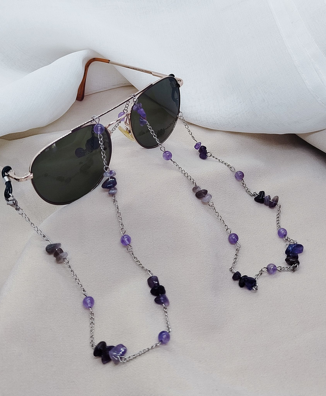 Chaîne de lunettes 84 cm acier inoxydable et pierres naturelles et pierres baroques (améthyste)