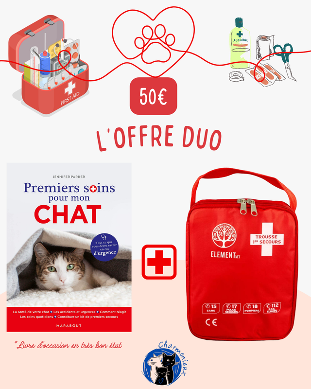 Offre premiers soins Trousse de secours Element Vet et livre d'occasion "Premiers soins pour mon chat"
